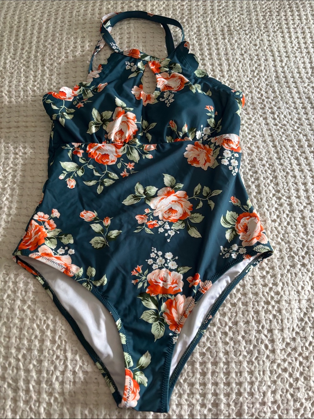 Cupshe Floral One-Piece Swimsuit Teal with Orange Roses Sz L (no tags)